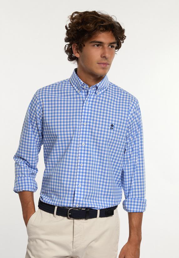 river woods Custom fit geruit comfort stretch hemd blauw/wit