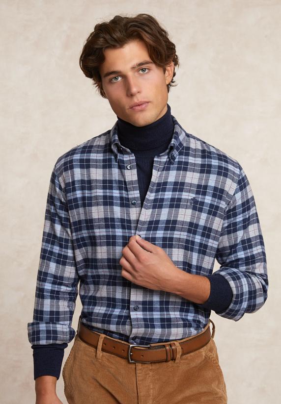 River Woods Custom Fit Geruit Flanellen Hemd Blauw/grijs