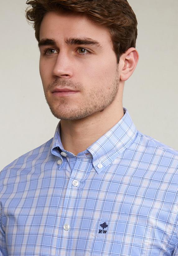 River Woods Custom Fit Geruit Hemd Borstzak Beige/blauw