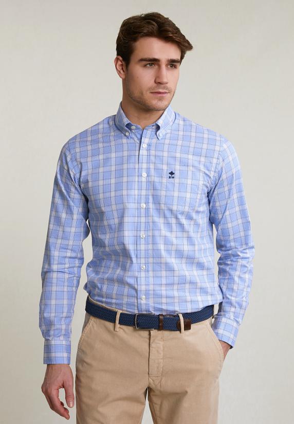 river woods Custom fit geruit hemd borstzak beige/blauw