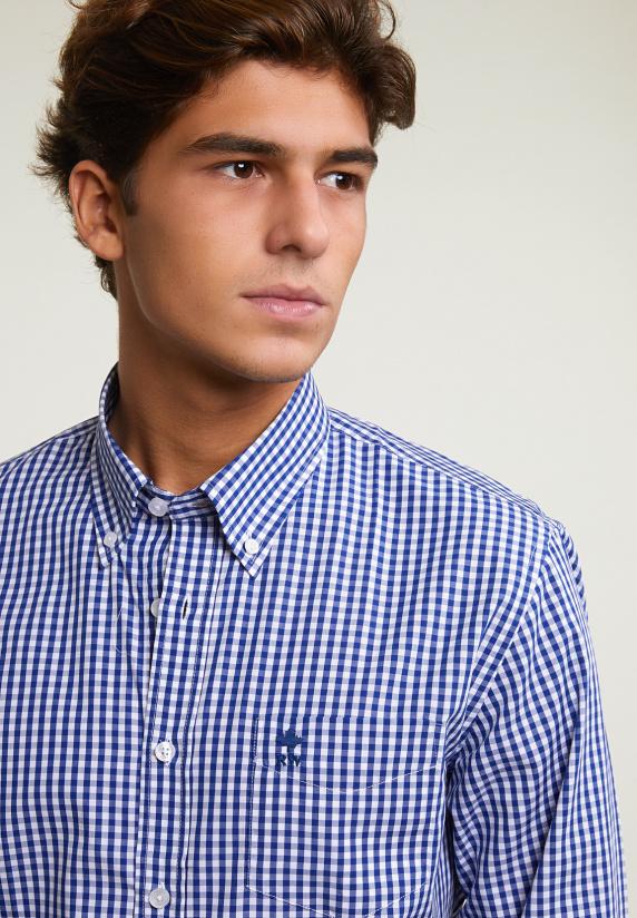 River Woods Custom Fit Geruit Hemd Borstzak Blauw/wit