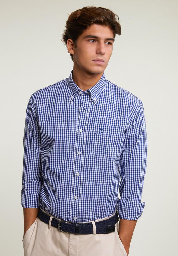 River Woods Custom Fit Geruit Hemd Borstzak Blauw/wit