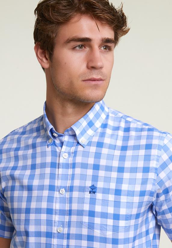 River Woods Custom Fit Geruit Hemd Korte Mouwen Blauw/wit