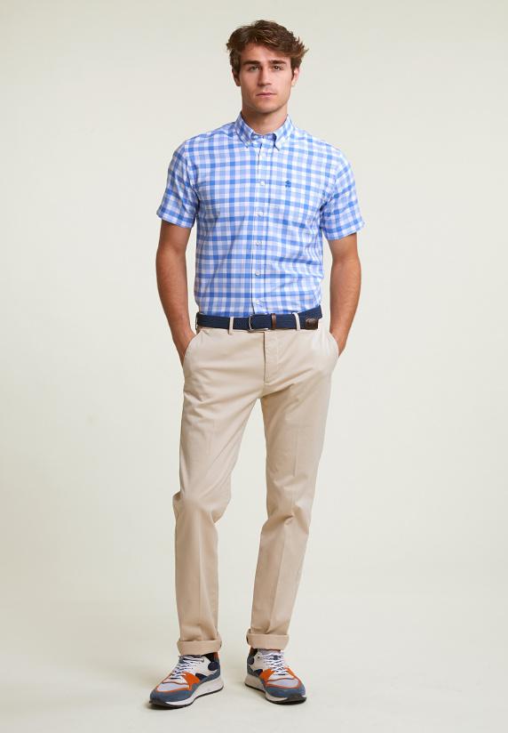 River Woods Custom Fit Geruit Hemd Korte Mouwen Blauw/wit