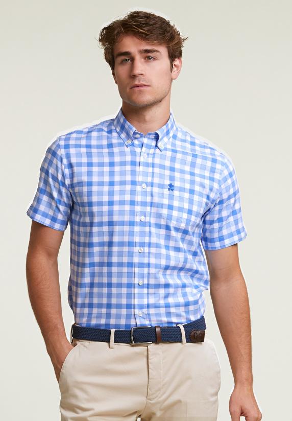 river woods Custom fit geruit hemd korte mouwen blauw/wit