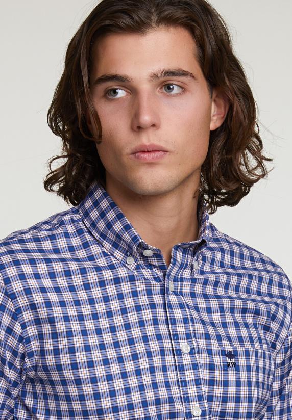 River Woods Custom Fit Geruit Hemd Met Zak Blauw/oranje