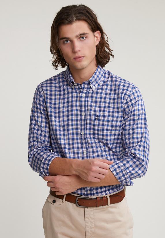river woods Custom fit geruit hemd met zak blauw/oranje