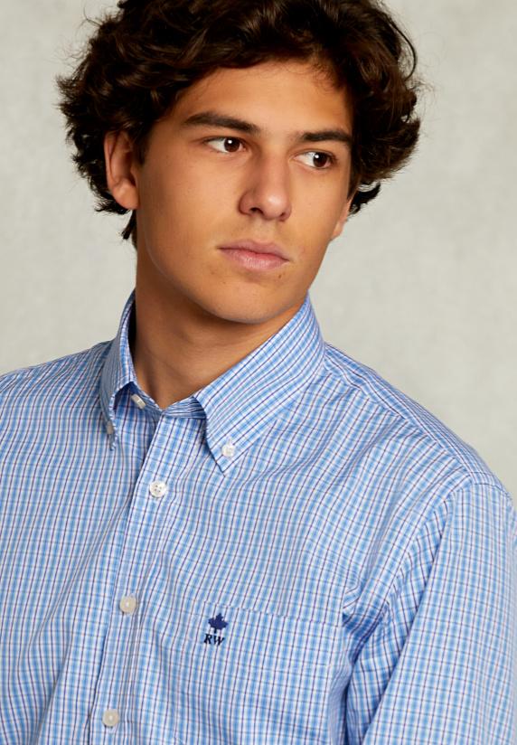 River Woods Custom Fit Geruit Hemd Met Zak Blauw/wit