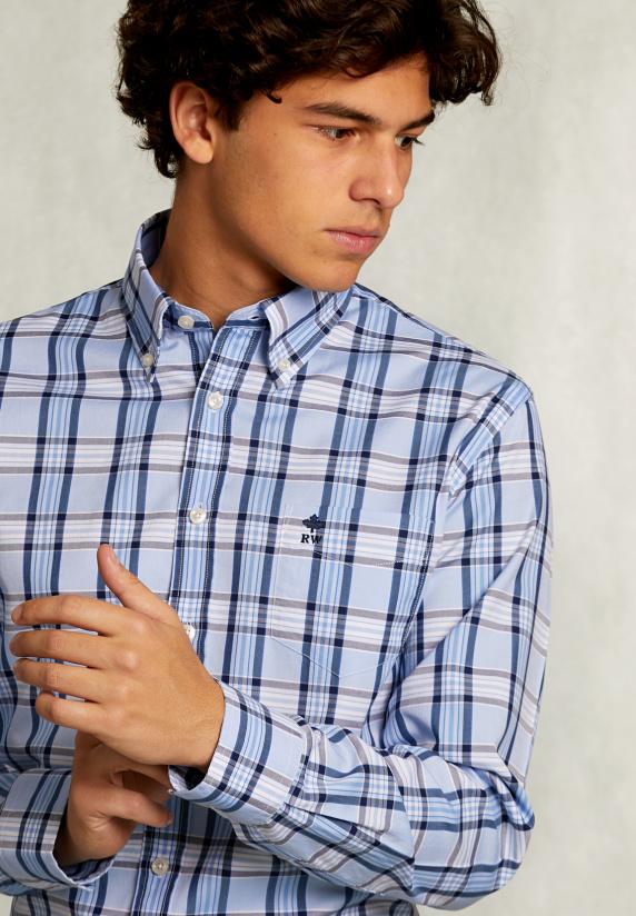 River Woods Custom Fit Geruit Hemd Met Zak Blauw/wit