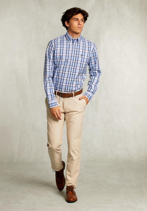 River Woods Custom Fit Geruit Hemd Met Zak Blauw/wit