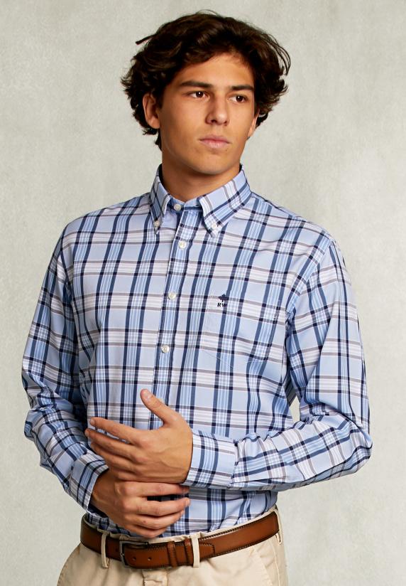 River Woods Custom Fit Geruit Hemd Met Zak Blauw/wit