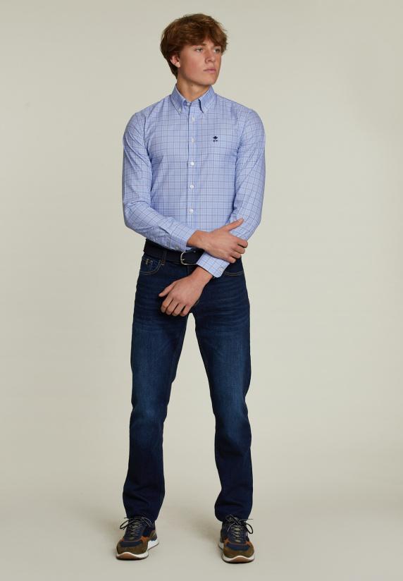 River Woods Custom Fit Geruit Hemd Met Zak Blauw/wit