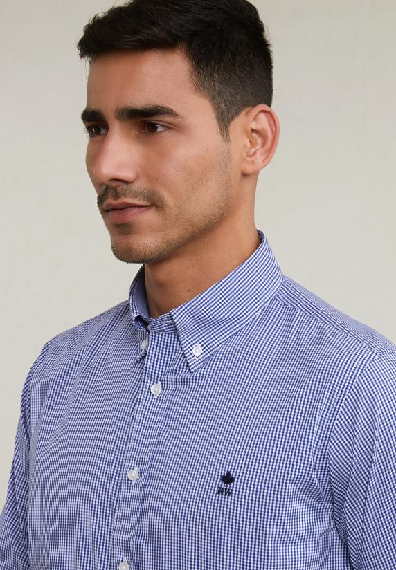 River Woods Custom Fit Geruit Hemd Performance Stretch Blauw/wit