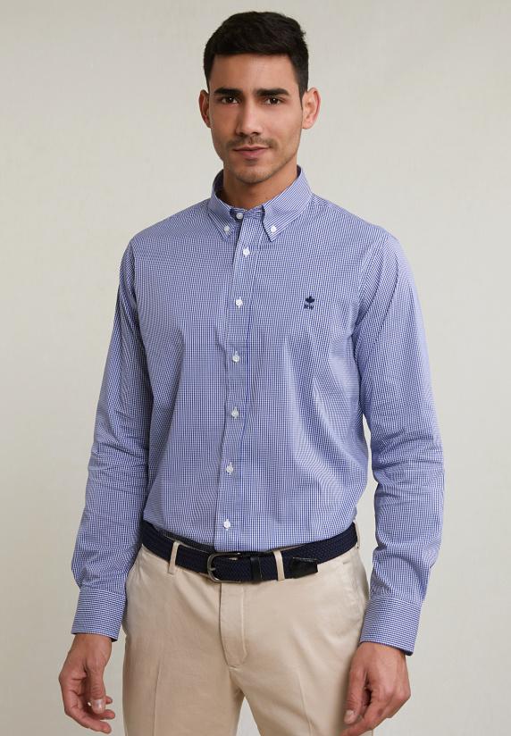 river woods Custom fit geruit hemd performance stretch blauw/wit