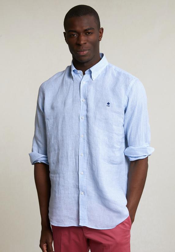 river woods Custom fit geruit linnen hemd blauw/wit