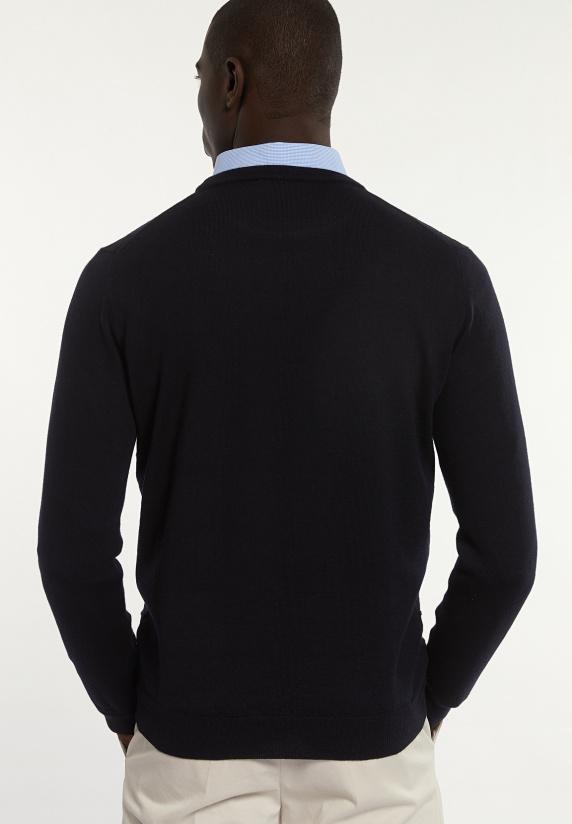 River Woods Custom Fit Geruite Merinotrui Ronde Hals Dark Navy