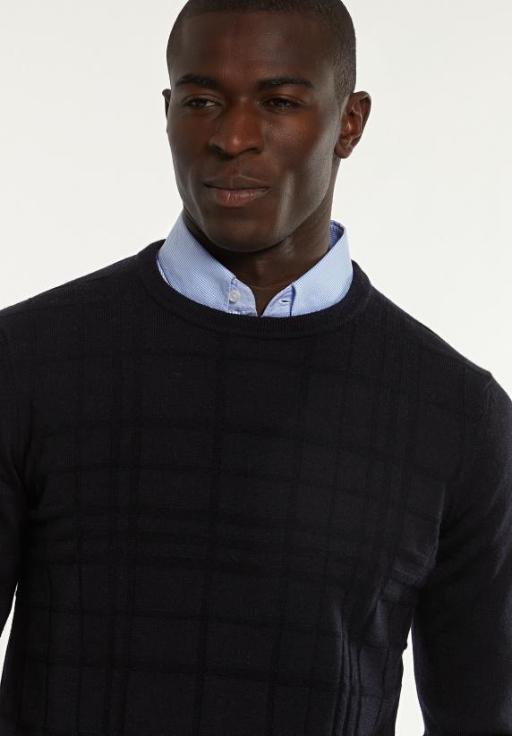 River Woods Custom Fit Geruite Merinotrui Ronde Hals Dark Navy