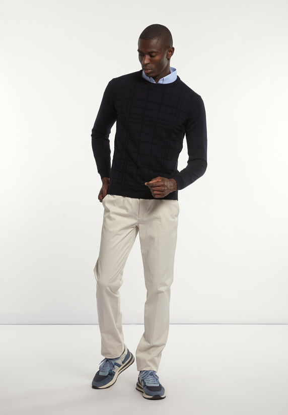 River Woods Custom Fit Geruite Merinotrui Ronde Hals Dark Navy