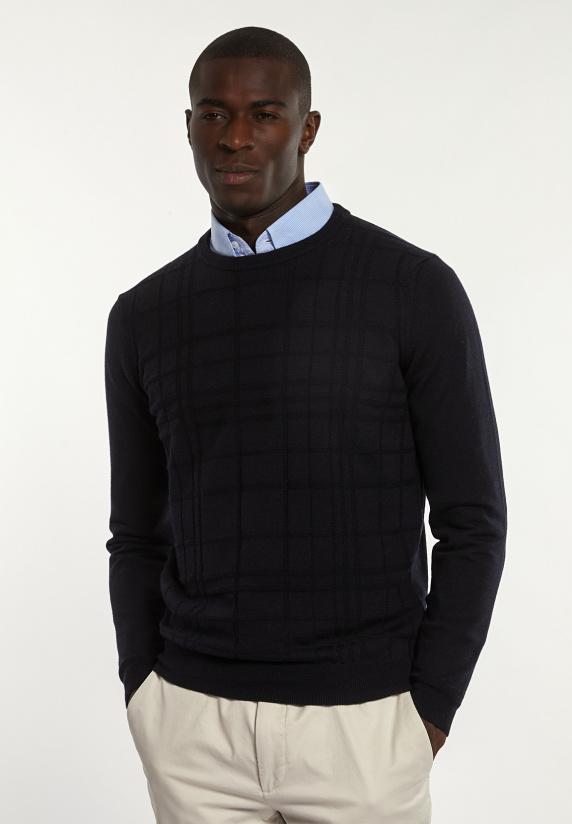 river woods Custom fit geruite merinotrui ronde hals dark navy