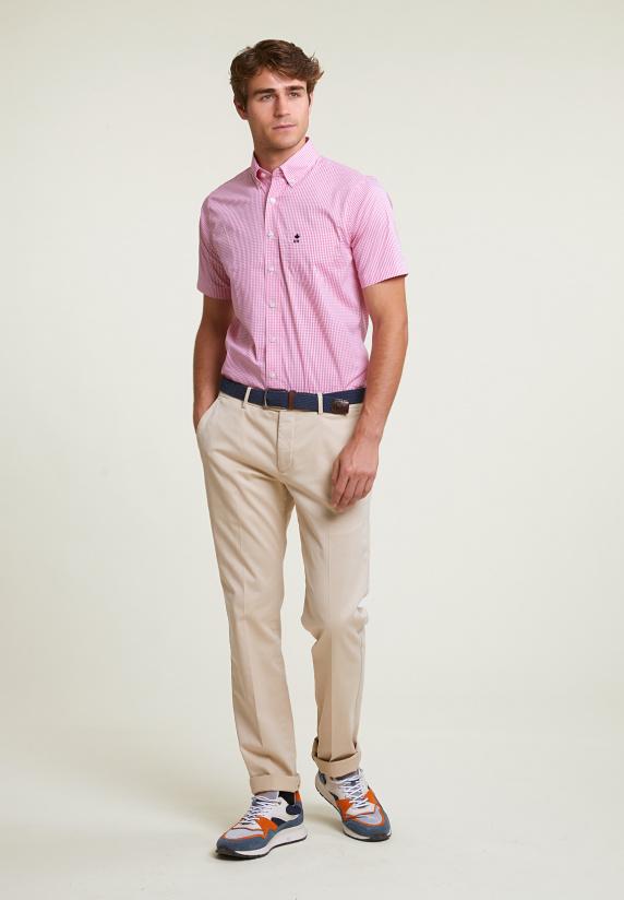 River Woods Custom Fit Geruite Performance Stretch Hemd Korte Mouwen Roze/wit