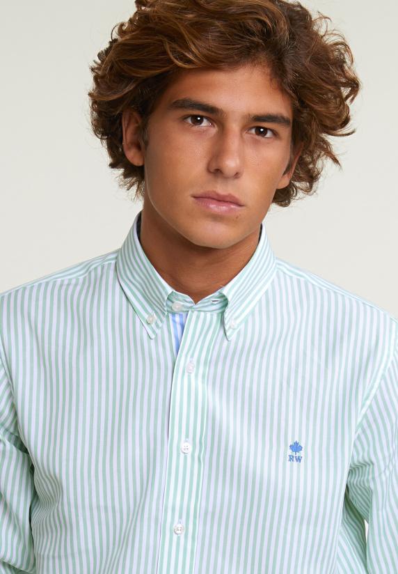 River Woods Custom Fit Gestreept Katoenen Hemd Groen/wit