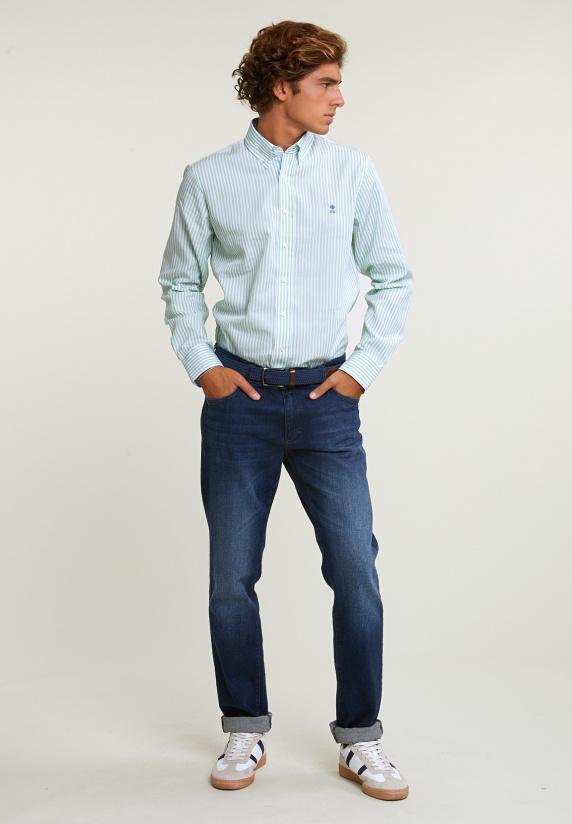 River Woods Custom Fit Gestreept Katoenen Hemd Groen/wit