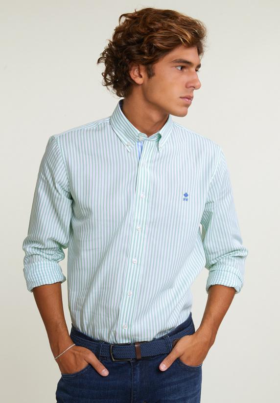 river woods Custom fit gestreept katoenen hemd groen/wit