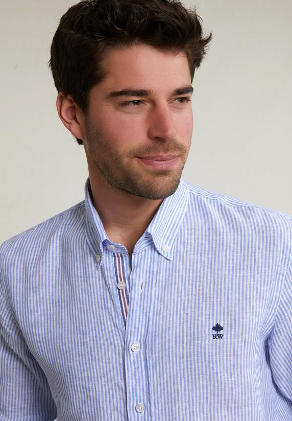 River Woods Custom Fit Gestreept Linnen Hemd Blauw/wit