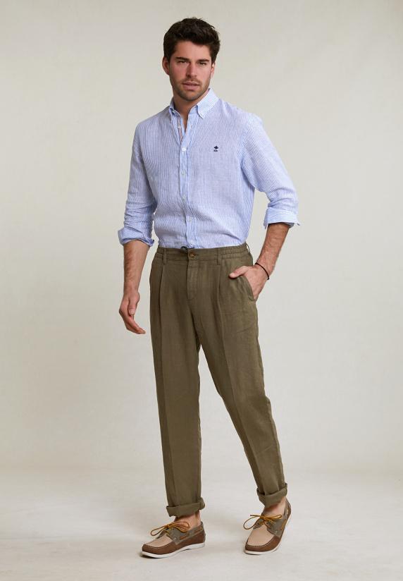 River Woods Custom Fit Gestreept Linnen Hemd Blauw/wit