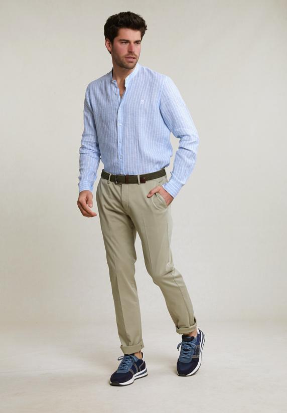 River Woods Custom Fit Gestreept Linnen Hemd Blauw/wit