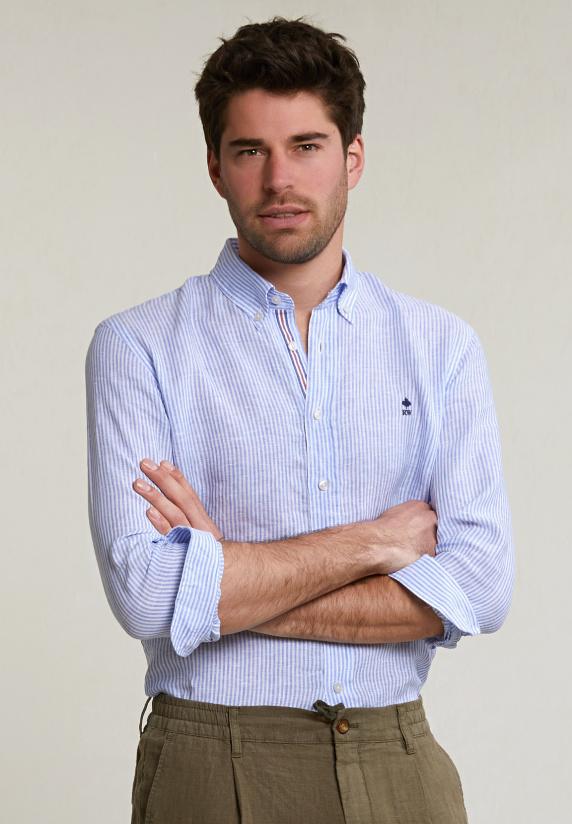 river woods Custom fit gestreept linnen hemd blauw/wit