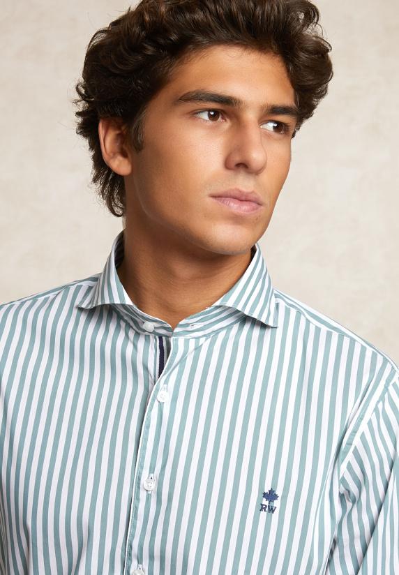 River Woods Custom Fit Gestreept Performance Stretch Hemd Groen/wit