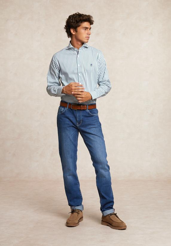 River Woods Custom Fit Gestreept Performance Stretch Hemd Groen/wit