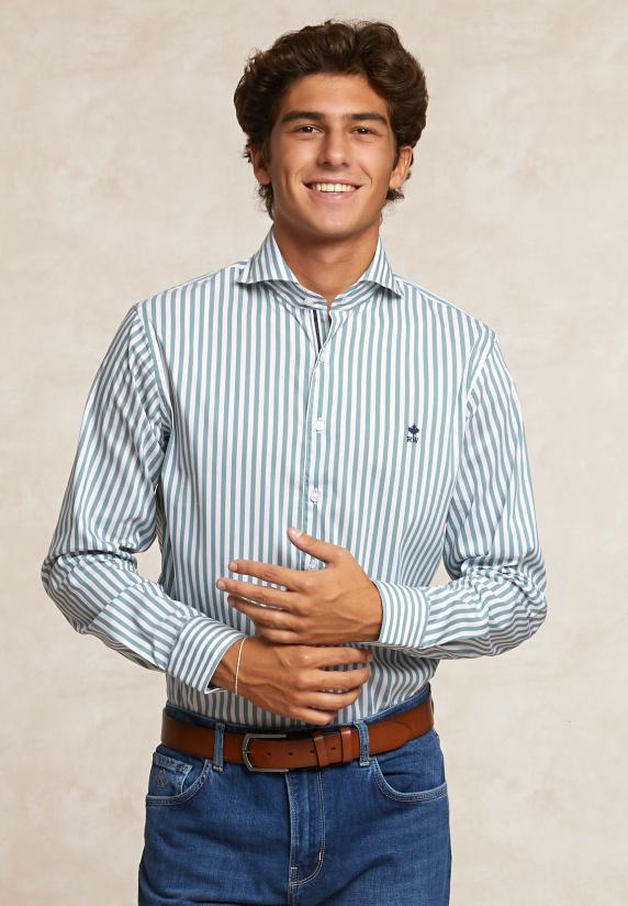 River Woods Custom Fit Gestreept Performance Stretch Hemd Groen/wit