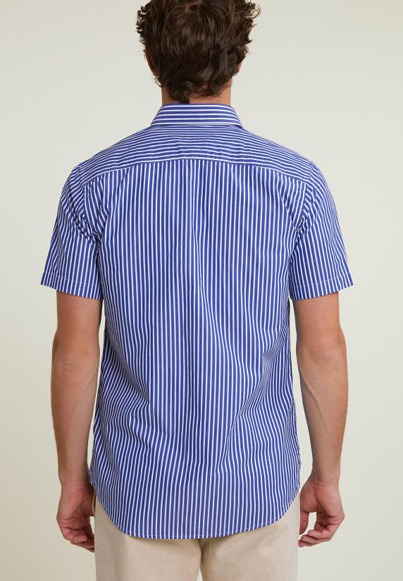 River Woods Custom Fit Gestreept Performance Stretch Hemd Korte Mouwen Blauw/wit