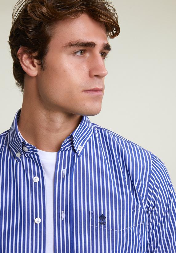 River Woods Custom Fit Gestreept Performance Stretch Hemd Korte Mouwen Blauw/wit