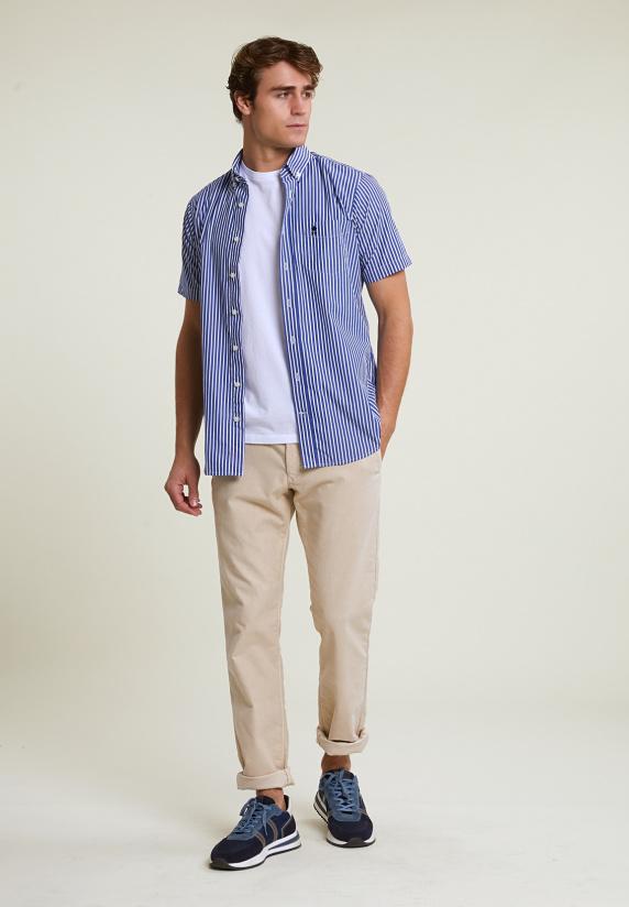 River Woods Custom Fit Gestreept Performance Stretch Hemd Korte Mouwen Blauw/wit