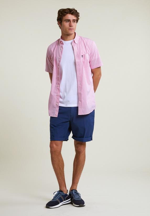 River Woods Custom Fit Gestreept Performance Stretch Hemd Korte Mouwen Roze/wit