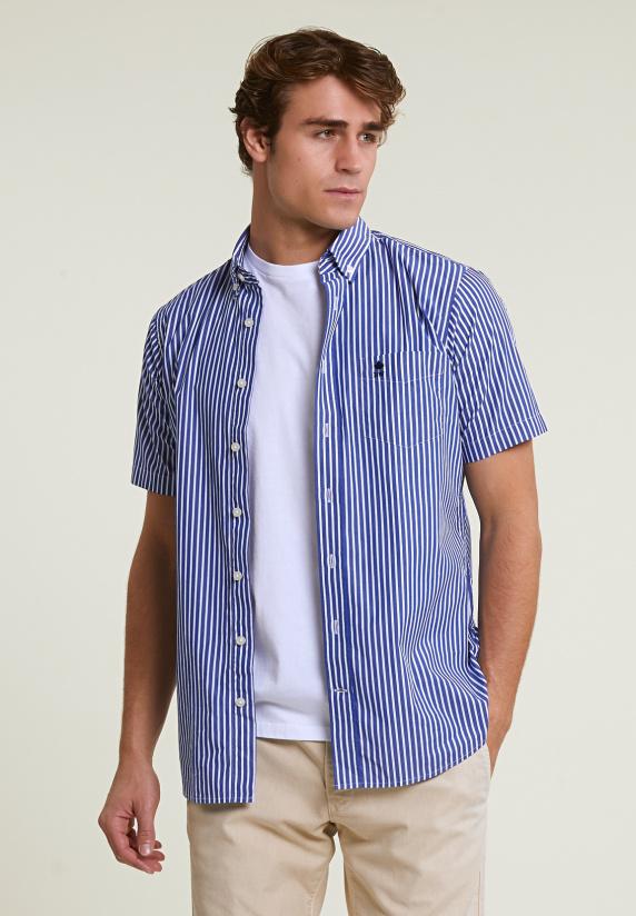 River Woods Custom Fit Gestreept Performance Stretch Hemd Korte Mouwen Blauw/wit