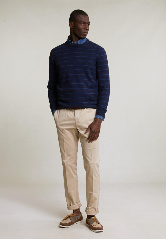 River Woods Custom Fit Gestreepte Katoenen Trui Ronde Hals Navy Mix