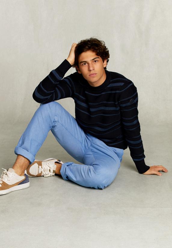 River Woods Custom Fit Gestreepte Pima Katoen Trui Blauw