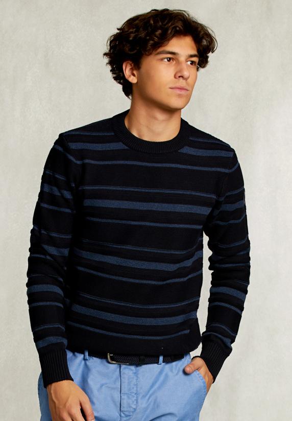 River Woods Custom Fit Gestreepte Pima Katoen Trui Blauw