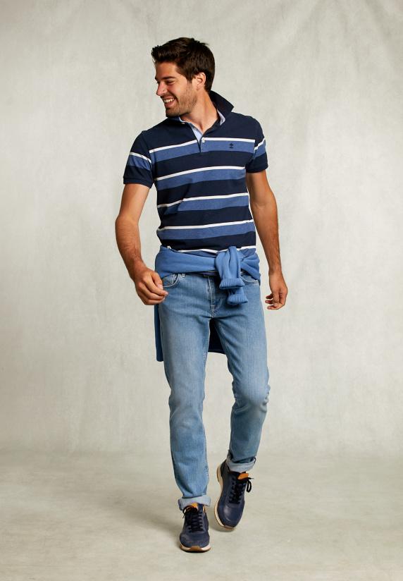 River Woods Custom Fit Gestreepte Polo Indian Ocean Mix