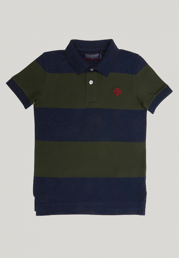 River Woods Custom Fit Gestreepte Stretch Polo Night Blue Mix/forest
