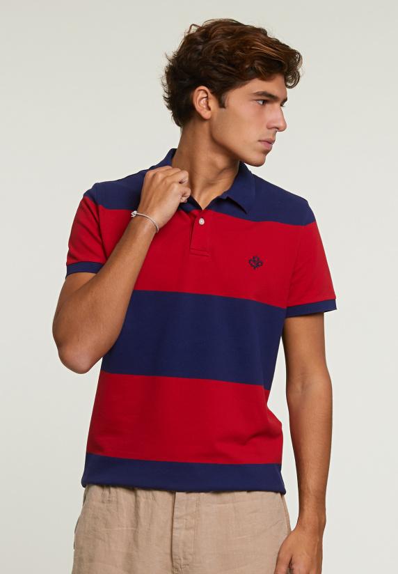 river woods Custom fit gestreepte stretch polo royal blue/harvard red