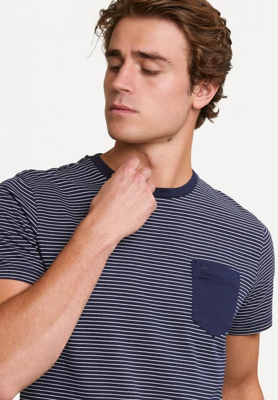 River Woods Custom Fit Gestreepte T-shirt Borstzak Navy