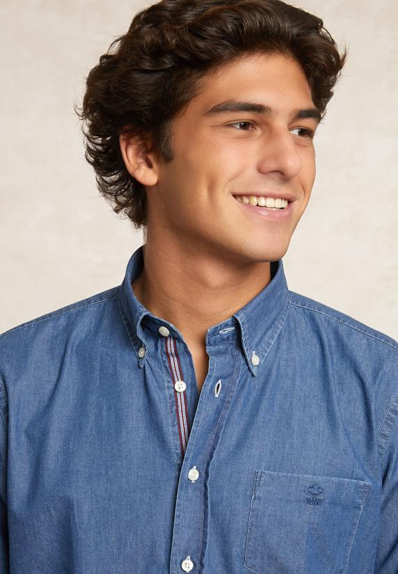 River Woods Custom Fit Jeanshemd Borstzak Dk Bleach