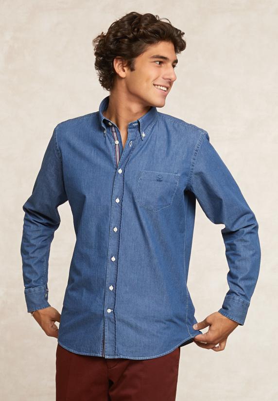 river woods Custom fit jeanshemd borstzak dk bleach