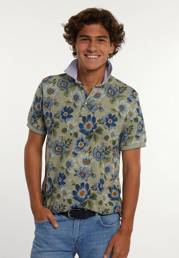 river woods Custom fit katoen-linnen fancy gebloemde piqué polo dk mist green mix