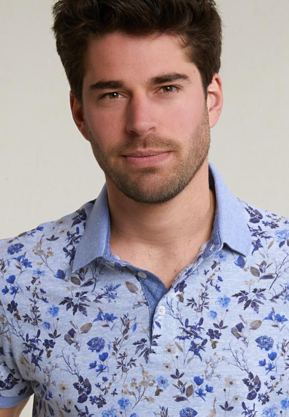 River Woods Custom Fit Katoen-linnen Gebloemde Polo Chambray Mix